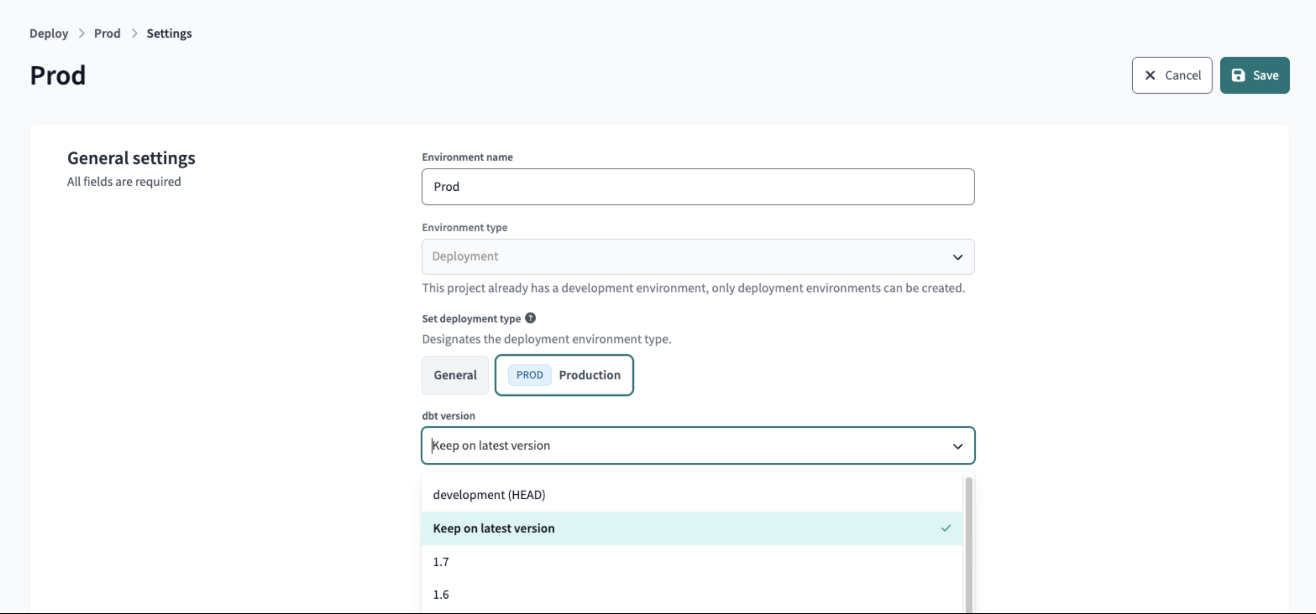 Example environment settings in dbt Cloud